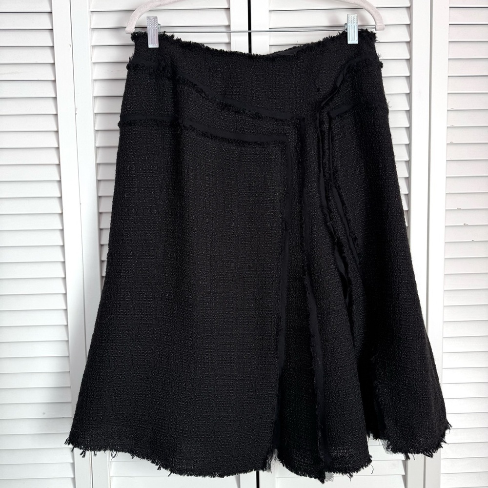 Lafayette 148 Wool Silk Boucle Tweed Midi Skirt Asymmetrical Raw Seams Black 12